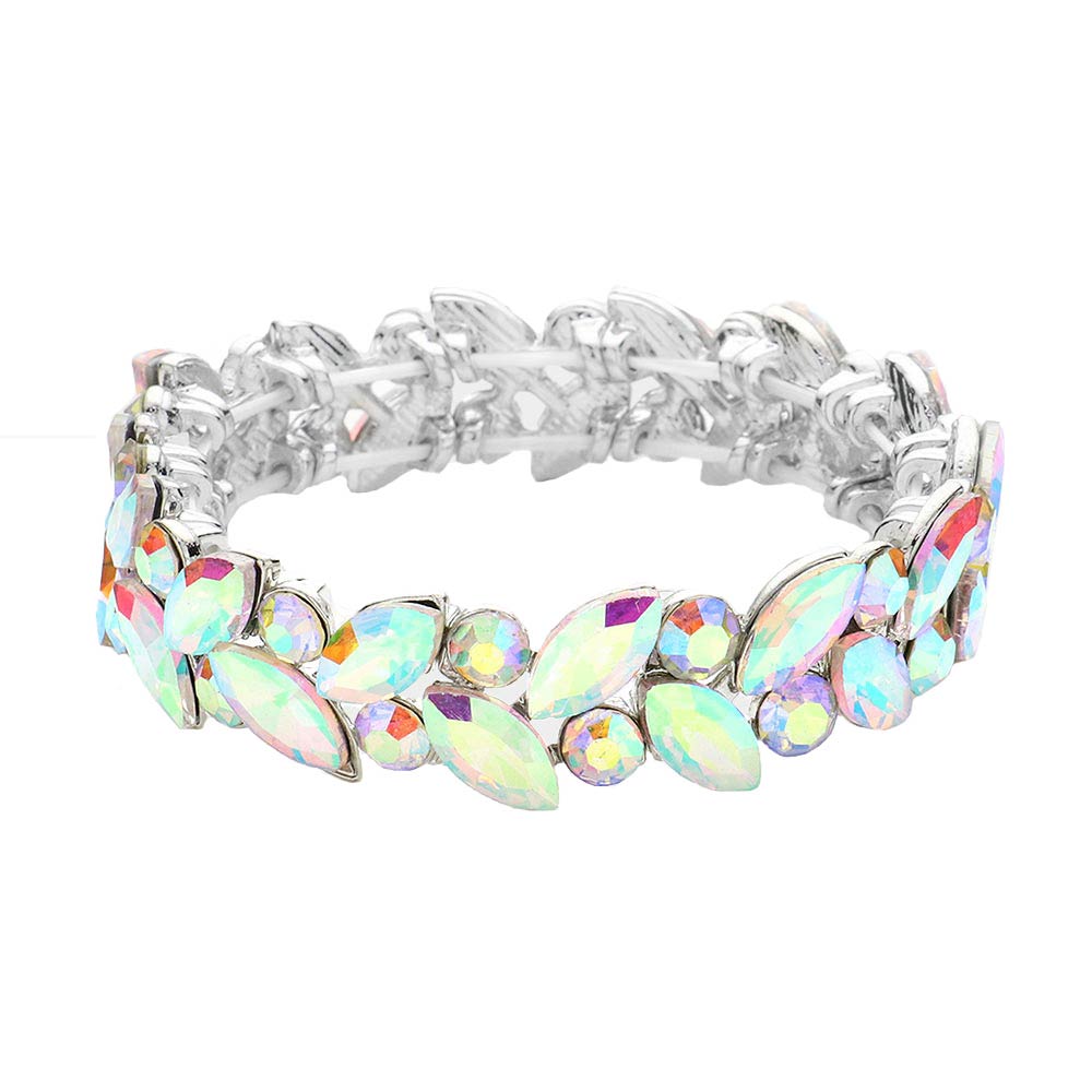 AB Silver Round Marquise Stone Cluster Stretch Evening Bracelet, Get ready with this Round stone cluster stretchable Bracelet and put on a pop of color to complete your ensemble. Perfect for adding just the right amount of shimmer & shine and a touch of class to special events. Wear with different outfits to add perfect luxe and class with incomparable beauty. Just what you need to update in your wardrobe.