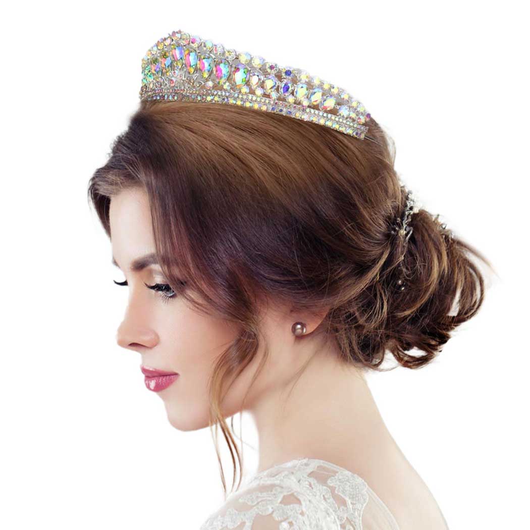 AB Silver Teardrop Stone Cluster Princess Tiara. Perfect for adding just the right amount of shimmer & shine, will add a touch of class, beauty and style to your special events, embellished glass Stone to keep your hair sparkling all day & all night long. Perfect Gift for every women.