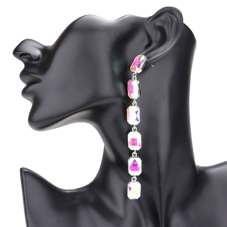 Ab Rhodium Emerald Cut Stone Link Dangle Evening Earrings, the beautifully crafted design adds a glow to any outfit, making your events more enjoyable. These evening dangle earrings make you extra special on occasion. These emerald-cut stone dangle earrings enhance your beauty and make you more attractive. 