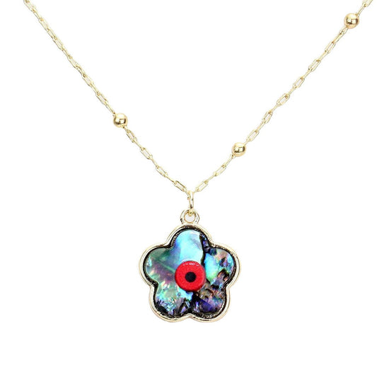 Abalone Evil Eye Accented Brass Metal Trimmed Abalone Flower Pendant Necklace, Get ready with these Pendant Necklace, put on a pop of color to complete your ensemble. Perfect for adding just the right amount of shimmer & shine . Perfect Birthday Gift, Anniversary Gift, Mother's Day Gift, Graduation Gift.