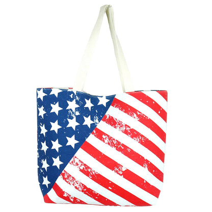Red, White & Blue American USA Flag Bag Beach Tote Shopper Handbag, Tote your beach-bound essentials in patriotic style done with an American Flag print. Roomy enough to keep your essentials safe while still having standout style for a day out running errands, a day at the beach or poolside. 4th of July, Labor Day, Memorial Day