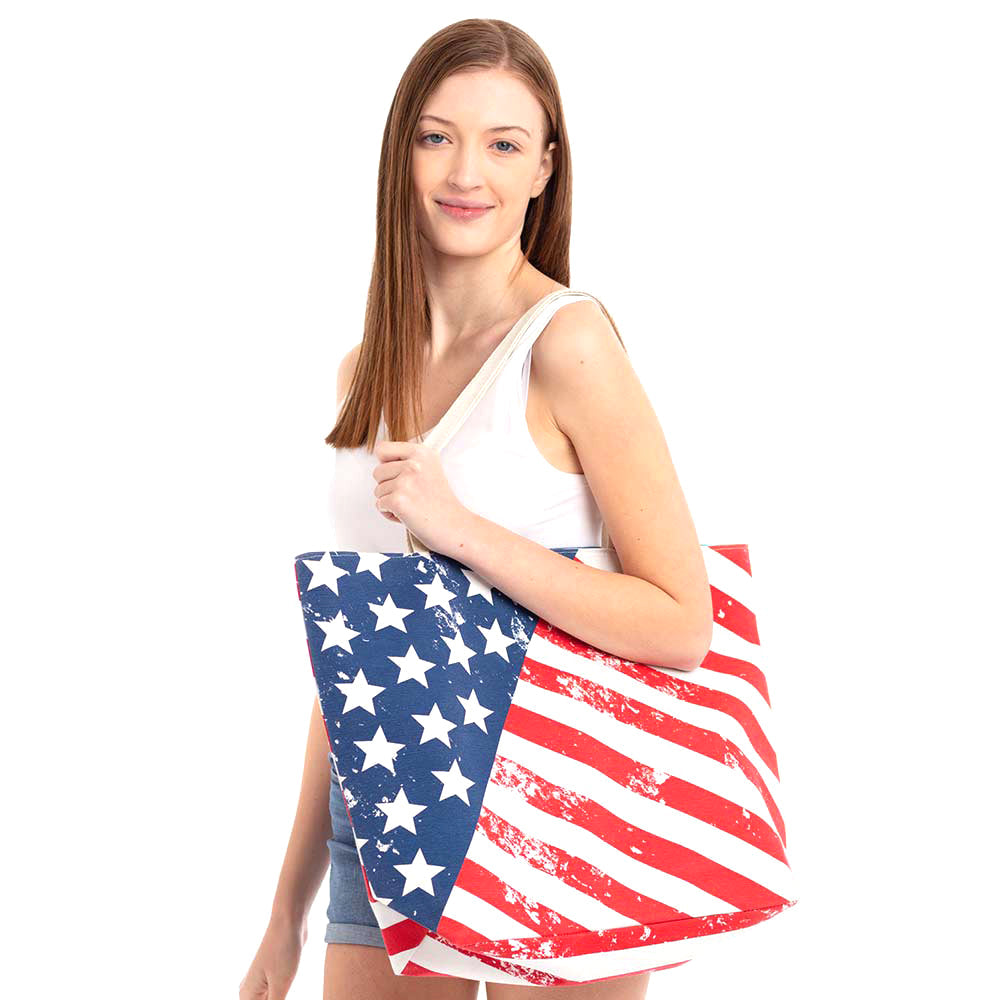 Red, White & Blue American USA Flag Bag Beach Tote Shopper Handbag, Tote your beach-bound essentials in patriotic style done with an American Flag print. Roomy enough to keep your essentials safe while still having standout style for a day out running errands, a day at the beach or poolside. 4th of July, Labor Day, Memorial Day