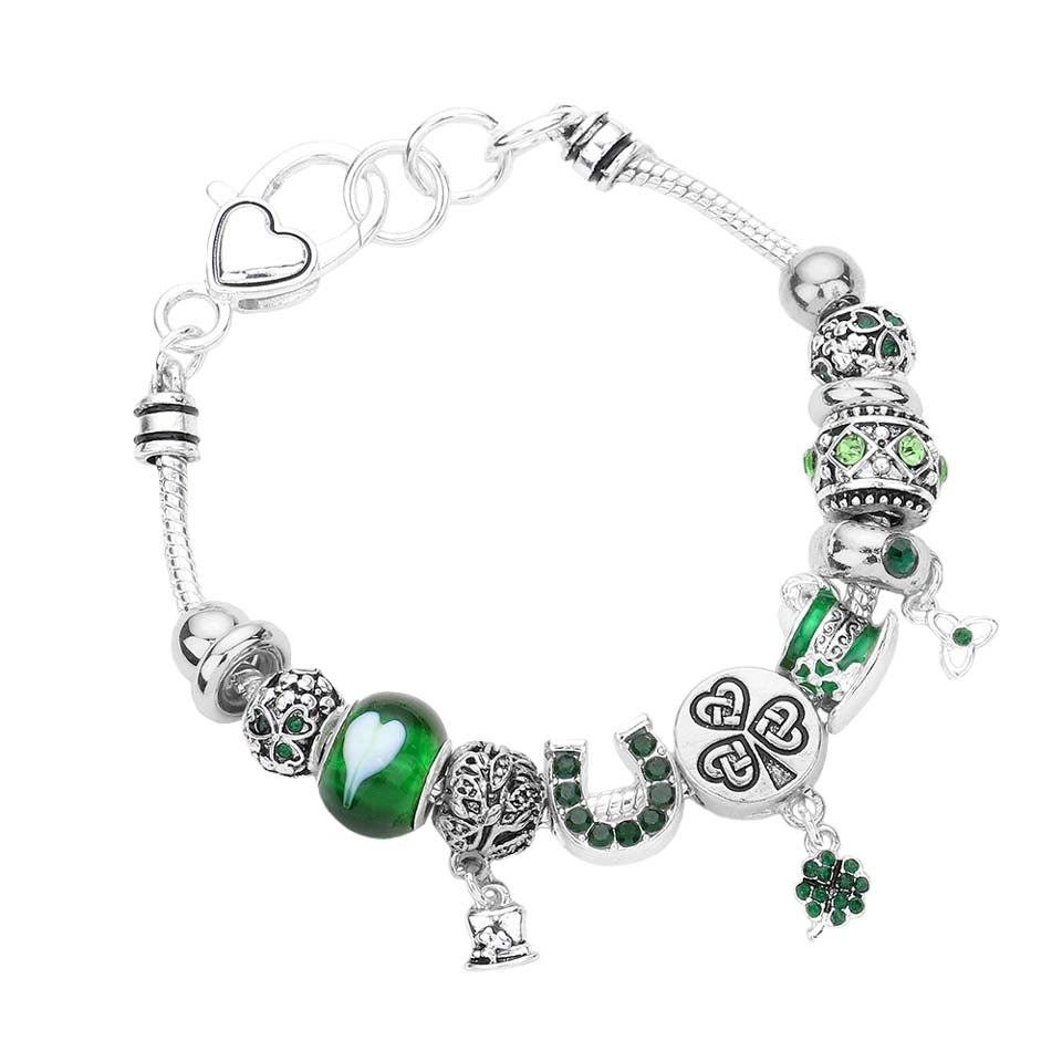 Antique Silver St. Patrick's Day Clover Hat Horseshoe Multi Bead Bracelet, This beautiful bracelet matches your St. Patrick's Day clothing. This expounds your St. Patrick's Day party and attracts everyone's attention. This bracelet can be fit for St. Patrick's Day parties, night parties, carnivals, festivals, etc. Fabulous fashion and sleek style add a pop of pretty color to your attire.