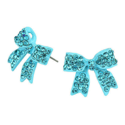 Aqua Blue Trendy Fashionable Pave bow stud earrings. Beautifully crafted design adds a gorgeous glow to any outfit. Jewelry that fits your lifestyle! Perfect Birthday Gift, Anniversary Gift, Mother's Day Gift, Anniversary Gift, Graduation Gift, Prom Jewelry, Just Because Gift, Thank you Gift.