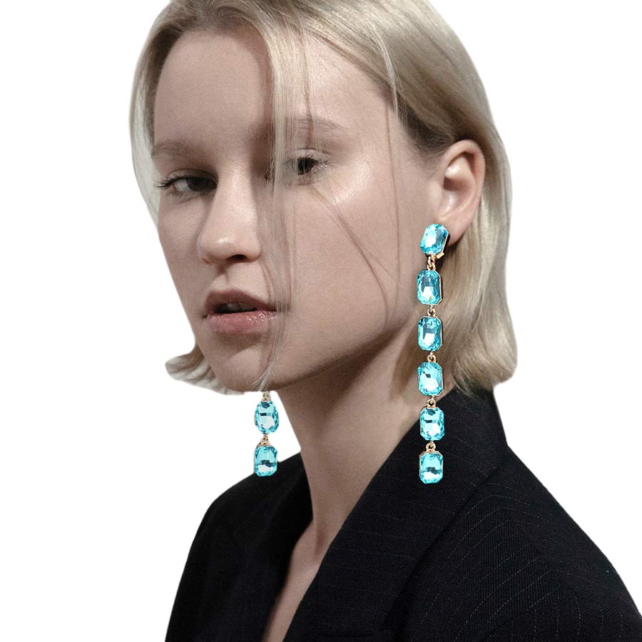 Aqua Emerald Cut Stone Link Dangle Evening Earrings, the beautifully crafted design adds a glow to any outfit, making your events more enjoyable. These evening dangle earrings make you extra special on occasion. These emerald-cut stone dangle earrings enhance your beauty and make you more attractive. 
