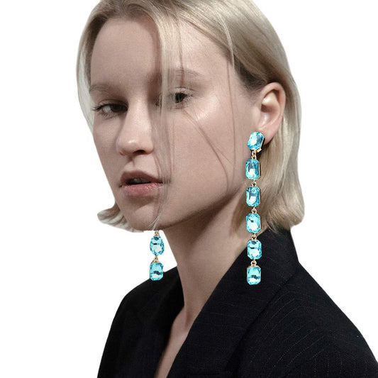 Aqua Emerald Cut Stone Link Dangle Evening Earrings, the beautifully crafted design adds a glow to any outfit, making your events more enjoyable. These evening dangle earrings make you extra special on occasion. These emerald-cut stone dangle earrings enhance your beauty and make you more attractive. 