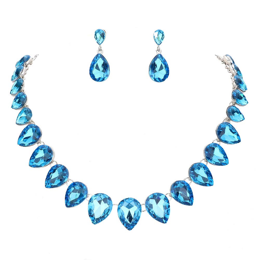 Aqua Teardrop Stone Link Evening Necklace, get ready with this teardrop stone necklace to receive the best compliments on any special occasion. Put on a pop of color to complete your ensemble and make you stand out on special occasions. It looks so pretty, bright, and elegant on any special occasion. Stunning evening necklace will sparkle all night long making you shine like a diamond.