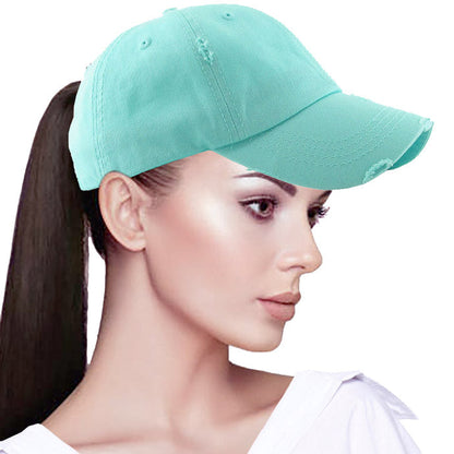 Aqua Distressed Baseball Cap, Aqua Vintage Ponytail Baseball Cap, comfy vintage cap great for a bad hair day, pull your bun or ponytail thru the back opening, great for keeping your hair away from face while exercising, running, playing sports or just taking a walk. Perfect Birthday Gift, Mother's Day Gift, Anniversary Gift, Thank you Gift, Graduation Gift