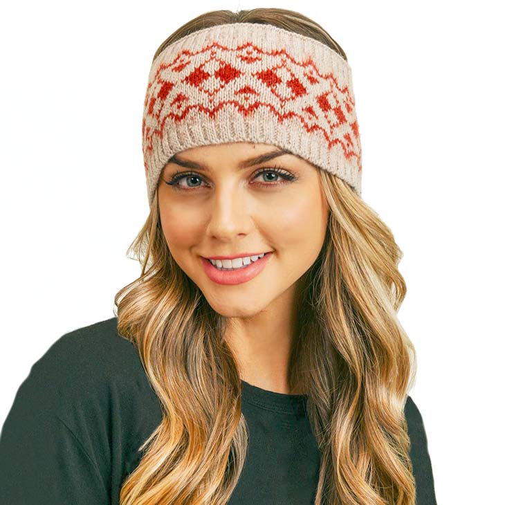 Beige Aztec Pattern Ear Warmer Headband, Ear Warmer Headband with a beautiful Aztec Pattern can be worn centered or to the side for your comfort. It will shield your ears from cold winter weather ensuring all-day comfort and warmth. The headband is soft, comfortable, and warm adding a touch of classy style to your look. Show off your trendsetting style when you wear this ear warmer and be protected in the cold winter winds. Stay trendy and cozy.