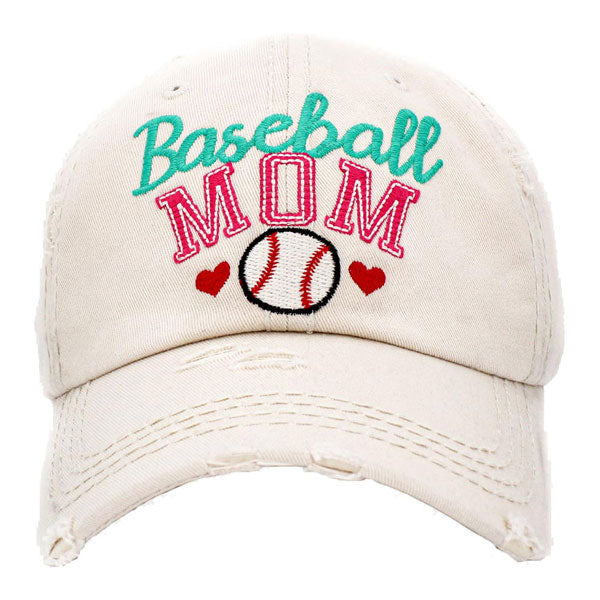 Beige Baseball MOM Vintage Baseball Cap. Fun cool Mother Sports themed vintage cap. Perfect for walks in sun, great for a bad hair day. The distressed frayed style with faded color gives it an awesome vintage look. Soft textured, embroidered message with fun statement will become your favorite cap.