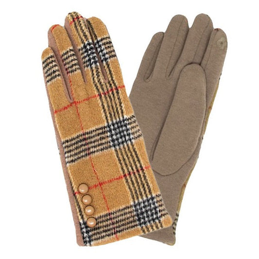 Beige Button Detailed Plaid Check Accent Warm Winter Smart Touch Tech Gloves, gives your look so much eye-catching texture w cool design, a cozy feel, fashionable, attractive, cute looking in winter season, these warm accessories allow you to use your phones. Perfect Birthday Gift, Valentine's Day Gift, Anniversary Gift, Just Because Gift