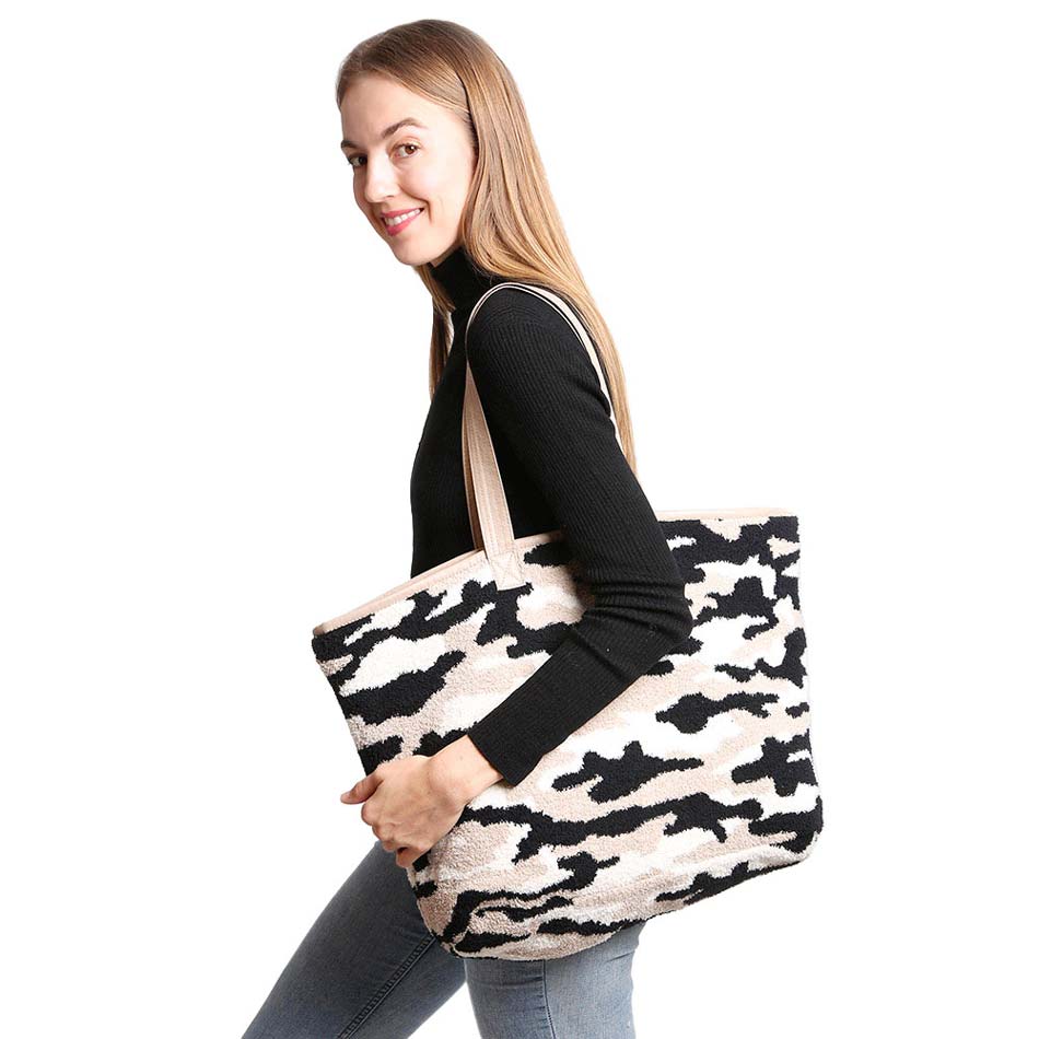 Beige Camouflage Tote Bag, be gorgeous and make an individual statement of fashion with this beautiful tote bag. It will be your new favorite accessory to hold onto all your items altogether in one place. The top zipper keeps everything secure and safe. It's easy to carry, and lightweight to run errands or a night out on the town. It's an excellent gift for Birthdays, holidays, Christmas, New Year, etc. for your friends, family, and the persons you love and care for. Keep yourself gorgeous and trendy!