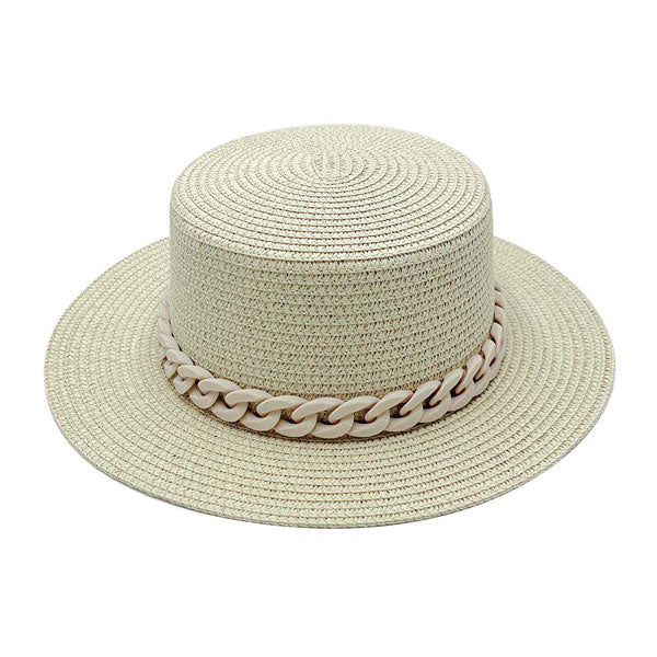 Beige Colored Chain Band Panama Sun Hat, adds a great accent to your wardrobe, Unique, timeless and classic. Panama Sun Hat looks cool and fashionable. Perfect for that bad hair day, or simply casual everyday wear; Makes a great gift for that fashionable on-trend friend of yours. Perfect for keeping the sun off of your face, neck, and shoulders.