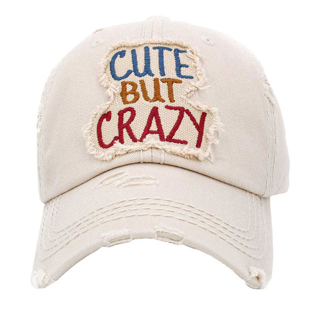 Beige Cute But Crazy Message Camouflage Vintage Baseball Cap. This adorable and classic cap combines both colourful styles to turn your head and comfort for your all-day wear. perfect to keep your hair away from you face while exercising, running, playing tennis or just taking a walk outside. Adjustable Velcro strap gives you the perfect fit.