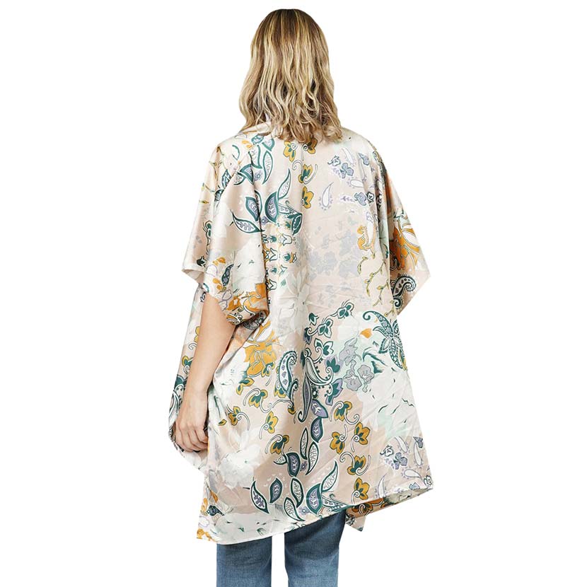 Beige Floral Patterned Satin Cover Up Kimono Poncho, this beautiful floral-patterned Poncho is made of soft and breathable material that amps up your real and gorgeous look with a perfect attraction everywhere. Its eye-catchy design makes you stand out every time. Coordinate this cover-up kimono with any ensemble to finish in perfect style and get ready to receive beautiful compliments.