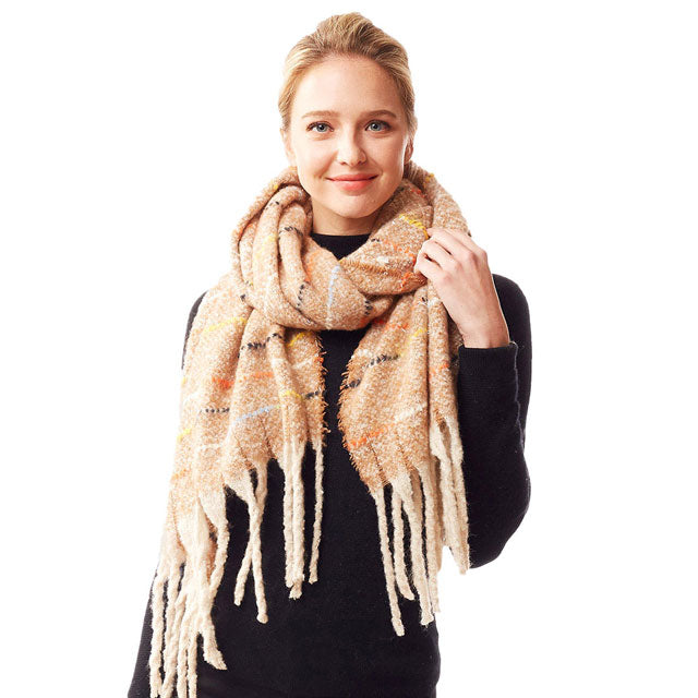 Beige Glitz Colorful Stitch Fuzzy Oblong Scarf, Accent your look with this soft, highly versatile scarf. Great for daily wear in the cold winter to protect you against chill, classic infinity-style scarf & amps up the glamour with plush material that feels amazing snuggled up against your cheeks.