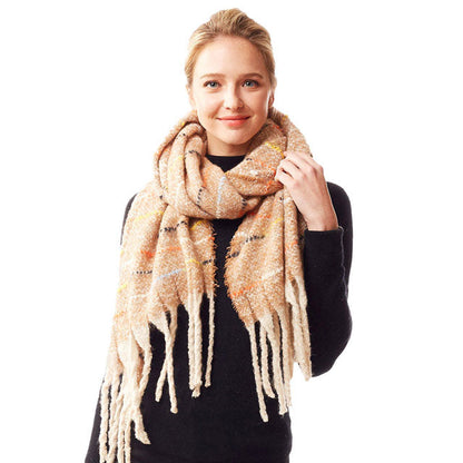 Beige Glitz Colorful Stitch Fuzzy Oblong Scarf, Accent your look with this soft, highly versatile scarf. Great for daily wear in the cold winter to protect you against chill, classic infinity-style scarf & amps up the glamour with plush material that feels amazing snuggled up against your cheeks.