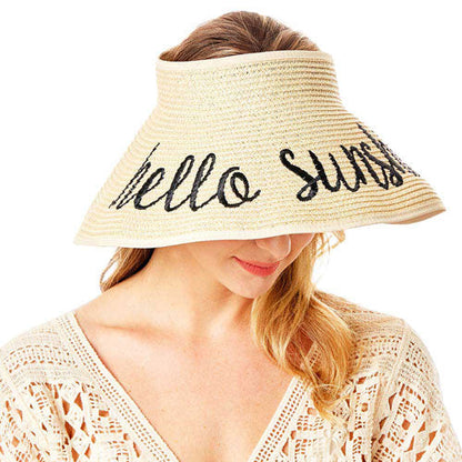 Beige Hello sunshine Message Roll Up Foldable Visor Sun Hat, Keep your styles on even when you are relaxing at the pool or playing at the beach. Large, comfortable, and perfect for keeping the sun off of your face, neck, and shoulders Perfect summer, beach accessory. Ideal for travellers who are on vacation or just spending some time in the great outdoors.