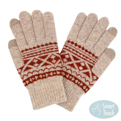 Beige Knit Aztec Smart Gloves, ensure you keep warm and toasty in a fashionable way in winter and on cold days. Perfect to complete your trendy outfit. It's perfect to use your electronic devices and touchscreens with ease while keeping your fingers covered, and swiping away! A pair of these gloves are a cool gift this winter for your family, friends, anyone you love, and even yourself. Enjoy the winter in a cool way!