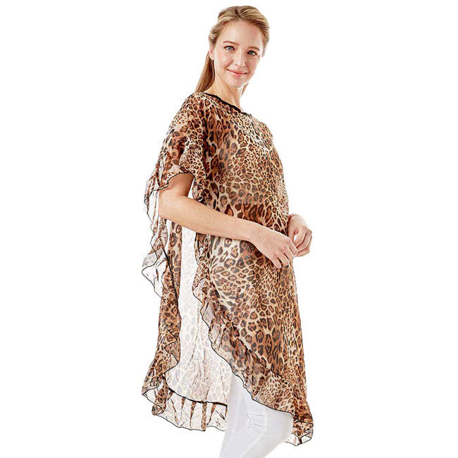 Beige Leopard Half Ruffled Cover up Poncho. This timeless Poncho is Soft, Lightweight and Breathable Fabric, Comfortable to Wear. Sophisticated, flattering and cozy, this Poncho drapes beautifully for a relaxed, pulled-together look. Suitable for Weekend, Work, Holiday, Beach, Party, Club, Night, Evening, Date, Casual and Other Occasions in Spring, Summer and Autumn.