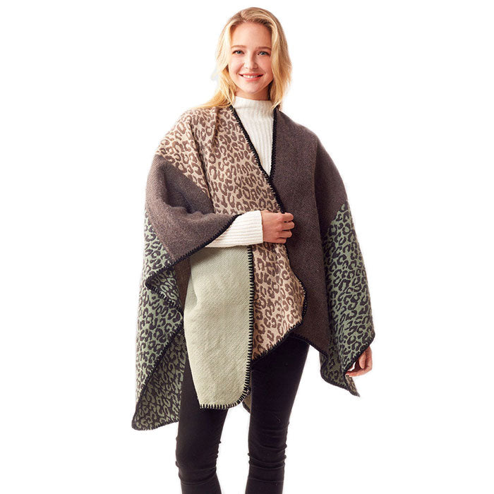 Beige Leopard Patterned Stitch Ruana Poncho, the perfect accessory, luxurious, trendy, super soft chic capelet, keeps you warm and toasty. You can throw it on over so many pieces elevating any casual outfit! Perfect Gift for Wife, Mom, Birthday, Holiday, Christmas, Anniversary, Fun Night Out