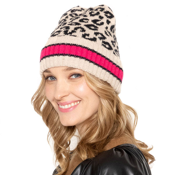 Beige Leopard Patterned Striped Cuff Knit Beanie Hat, Before running out the door into the cool air, you’ll want to reach for these toasty beanie to keep your hands incredibly warm. Accessorize the fun way with these beanie, it's the autumnal touch you need to finish your outfit in style. Awesome winter gift accessory!