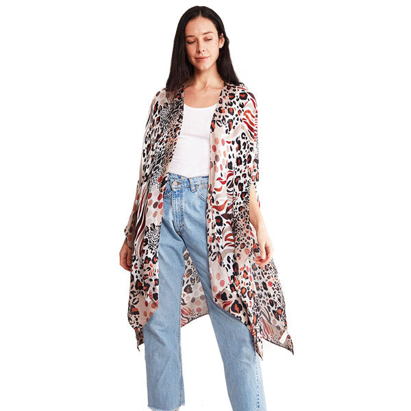 Beige Leopard Zebra Animal Print Kimono Poncho, The lightweight Kimono top is made of soft and breathable Viscose material. The fashionista Poncho Cover up with open front design, simple basic style, easy to put on and down. Perfect Gift for Wife, Birthday, Holiday, Anniversary, Fun Night Out. 