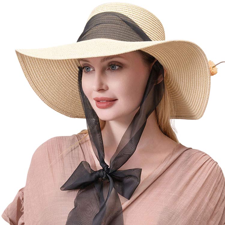 Beige Mesh Ribbon Floppy Straw Sun Hat, a beautiful & comfortable sun hat is suitable for summer wear to amp up your beauty & make you more comfortable everywhere. Perfect for keeping the sun off your face, neck, and shoulders. It's an excellent gift item for your friends & family or loved ones this summer.