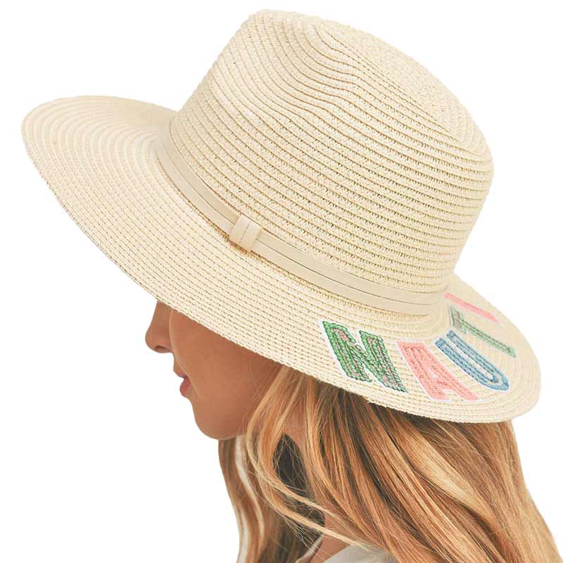 Beige Nauti Sequin Message Straw Panama Sun Hat, a beautiful & comfortable Straw Panama Sun Hat is suitable for summer wear to amp up your beauty & make you more comfortable everywhere. Perfect for keeping the sun off your face, and shoulders. It's an excellent gift item for your friends & family or loved ones this summer.