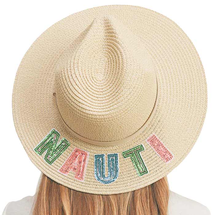 Beige Nauti Sequin Message Straw Panama Sun Hat, a beautiful & comfortable Straw Panama Sun Hat is suitable for summer wear to amp up your beauty & make you more comfortable everywhere. Perfect for keeping the sun off your face, and shoulders. It's an excellent gift item for your friends & family or loved ones this summer.