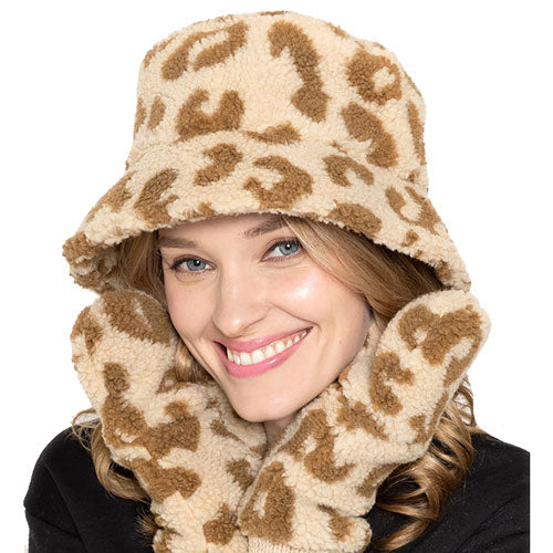 Beige One Size Leopard Patterned Faux Fur Bucket Hats, stay warm and cozy, protect yourself from the cold, this most recognizable look with remarkable bold, soft & chic bucket hat, features a rounded design with a short brim. The hat is foldable, great for daytime. Perfect Gift for cold weather!