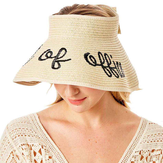 Beige Out Of Office Message Roll Up Foldable Visor Sun Hat, This visor hat with Out Of Office Message is Open top design offers great ventilation and heat dissipation. It is also suitable to wear even with various hair styles such as a ponytail Includes a plastic wire along the trim of the sun visor for increased durability. Features a roll-up function; incredibly convenient as it is foldable for easy storage or for taking on the go while traveling.