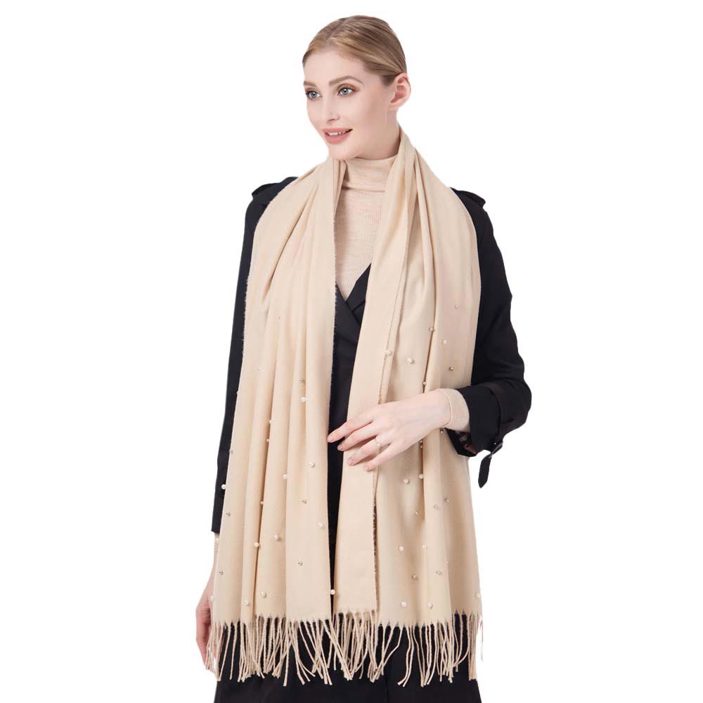 Beige Pearl Embellished Solid Oblong Scarf, delicate, These Winter scarfs for women are elegant, and lightweight and can be added to any outfit to keep up with the latest color trends. Warm, on-trend & fabulous, a luxe addition to any cold-weather ensemble. Lovely pearl decoration makes you look chic and fashionable.