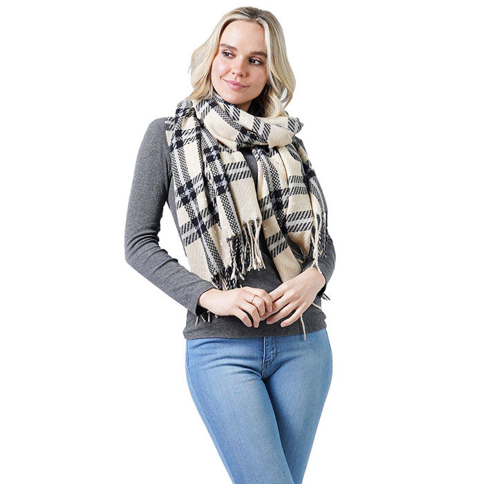 Beige Plaid Check Oblong Scarf With Tassel, accent your look with this soft, highly versatile oblong scarf. Great for daily wear in the cold winter to protect you against the chill. This classic tassel style scarf amps up the glamour and fits with any outfits. It includes the plush material that feels amazing snuggled up against your cheeks. Stay trendy & fabulous with a luxe addition to any cold-weather ensemble with this beautiful scarf.