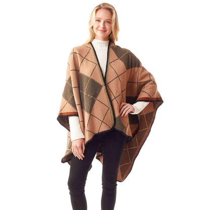 Plaid Check Patterned Stitch Ruana Shawl Vest Poncho, the perfect accessory, luxurious, trendy, super soft chic capelet, keeps you warm & toasty. You can throw it on over so many pieces elevating any casual outfit! Perfect Gift Birthday, Holiday, Christmas, Anniversary, Wife, Mom, Special Occasion