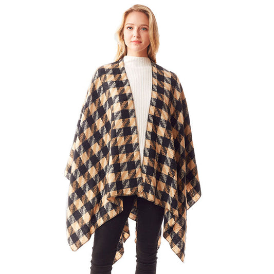 Beige Polyester Houndstooth Printed Ruana Poncho, the perfect accessory, luxurious, trendy, super soft chic capelet, keeps you warm and toasty. You can throw it on over so many pieces elevating any casual outfit! Perfect Gift for Wife, Mom, Birthday, Holiday, Christmas, Anniversary, Fun Night Out