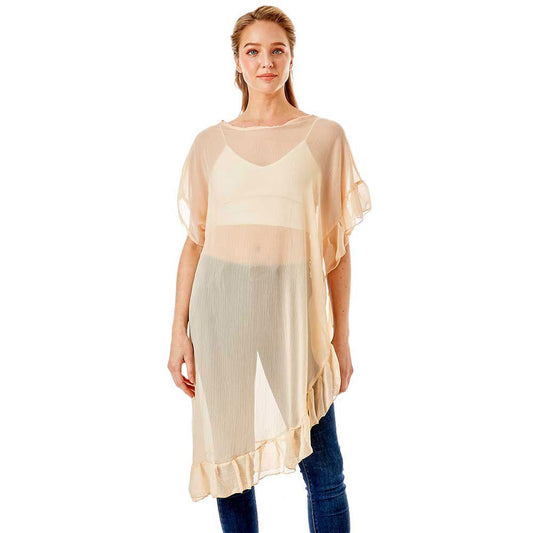 Beige Solid Color Half Ruffled Cover-Up Poncho, This lightweight ponchos for women have plenty of stretch with lovely draping. The added ruffle edge gives better coverage with a feminine look. Feel sexy and comfortable no matter where you are. This unique poncho top can be worn in a variety of ways. A warp poncho that will complement every outfit you own. Suitable for Summer wrap, travel vacation, Beach, Party, Club, Night, Evening, Date, Casual and Other Occasions in Spring, Summer and Autumn.