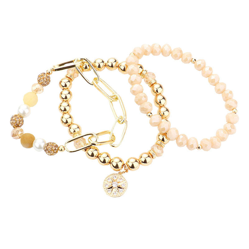 Beige Three PCS - Stone Embellished North Star Charm Multi Beaded Stretch Bracelets, Get ready with these Stretch Evening Bracelet, put on a pop of color to complete your ensemble. Perfect for adding just the right amount of shimmer & shine . Perfect Birthday Gift, Anniversary Gift, Mother's Day Gift, Graduation Gift.