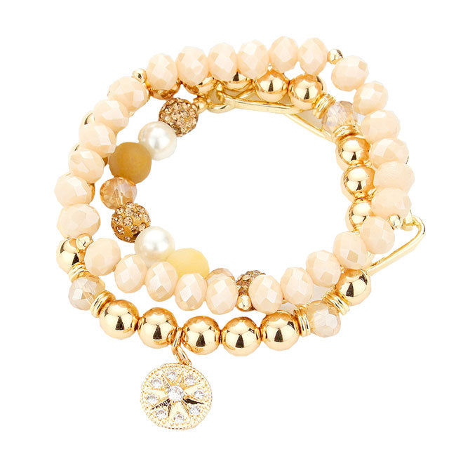Beige Three PCS - Stone Embellished North Star Charm Multi Beaded Stretch Bracelets, Get ready with these Stretch Evening Bracelet, put on a pop of color to complete your ensemble. Perfect for adding just the right amount of shimmer & shine . Perfect Birthday Gift, Anniversary Gift, Mother's Day Gift, Graduation Gift.