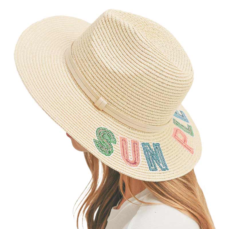 Beige Sun Please Sequin Message Straw Panama Sun Hat, a beautiful & comfortable Straw Panama Sun Hat is suitable for summer wear to amp up your beauty & make you more comfortable everywhere. Perfect for keeping the sun off your face and neck. It's an excellent gift item for your friends & family or loved ones this summer.