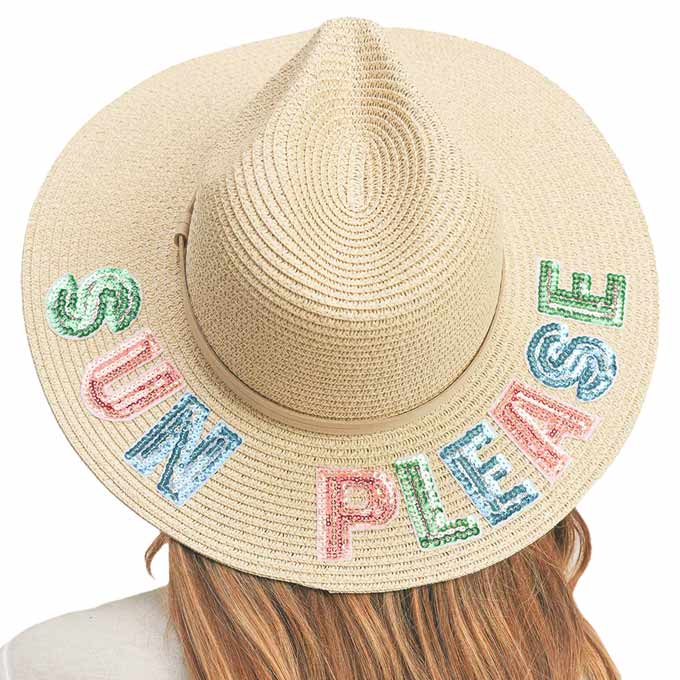 Beige Sun Please Sequin Message Straw Panama Sun Hat, a beautiful & comfortable Straw Panama Sun Hat is suitable for summer wear to amp up your beauty & make you more comfortable everywhere. Perfect for keeping the sun off your face and neck. It's an excellent gift item for your friends & family or loved ones this summer.