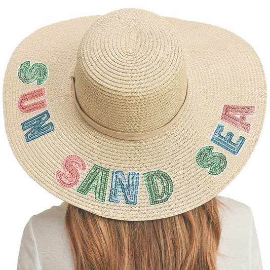 Beige Sun Sand Sea Sequin Message Straw Panama Sun Hat, a beautiful & comfortable Straw Panama Sun Hat is suitable for summer wear to amp up your beauty & make you more comfortable everywhere. Perfect for keeping the sun off your face, and neck. It's an excellent gift item for your friends & family or loved ones this summer.