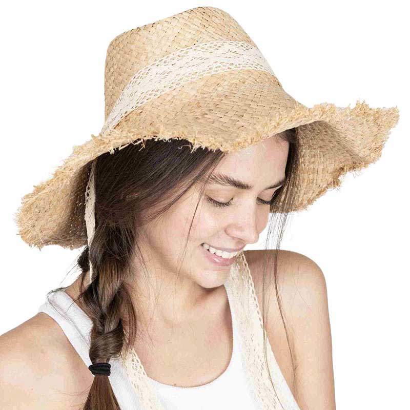 Beige Trim Detailed Straw Sun Hat, Complete your look with this fun straw hat updated with trim detailed and a wide brim. This versatile hat can be dressed up or down and is perfect for the beach. The summer straw hat is hand-woven with straw material.