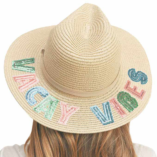 Beige Vacay Vibes Sequin Message Straw Panama Sun Hat, a beautiful & comfortable Straw Panama Sun Hat is suitable for summer wear to amp up your beauty & make you more comfortable everywhere. Perfect for keeping the sun off your face and neck. It's an excellent gift item for your friends & family or loved ones this summer.