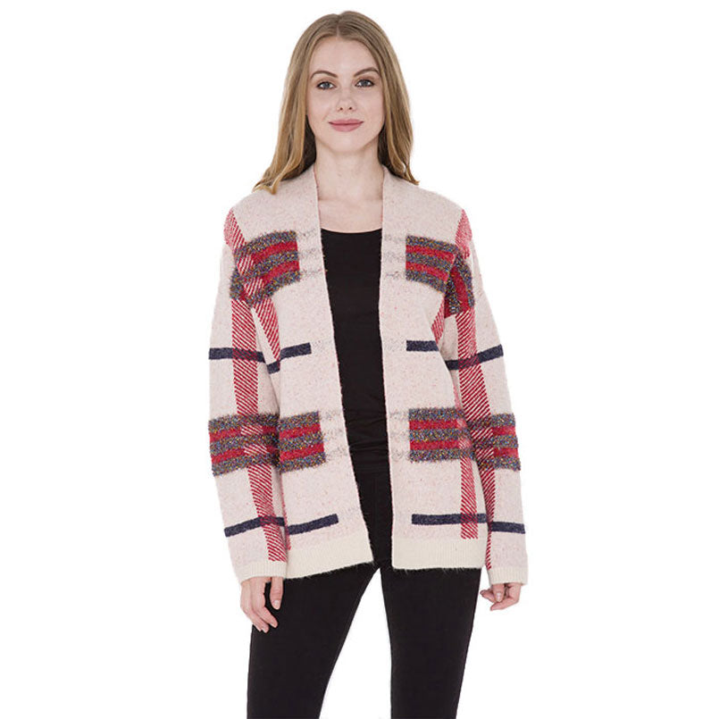 Beige Winter Fall Fashionable Trendy Plaid Check Cardigan, the perfect accessory, luxurious, trendy, super soft chic capelet, keeps you warm and toasty. You can throw it on over so many pieces elevating any casual outfit! Perfect Gift for Wife, Mom, Birthday, Holiday, Christmas, Anniversary, Fun Night Out