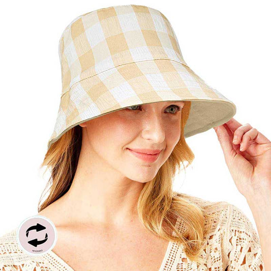 Beige Wired Brim Plaid Check Patterned Reversible Bucket Hat, show your trendy side with this Plaid Check Patterned bucket hat. Have fun and look Stylish. You can easily fold this bucket hat and put it in any backpack. Perfect for that bad hair day, or simply casual everyday wear; Great gift for that fashionable on-trend friend. Perfect Gift Birthday, Holiday, Christmas.