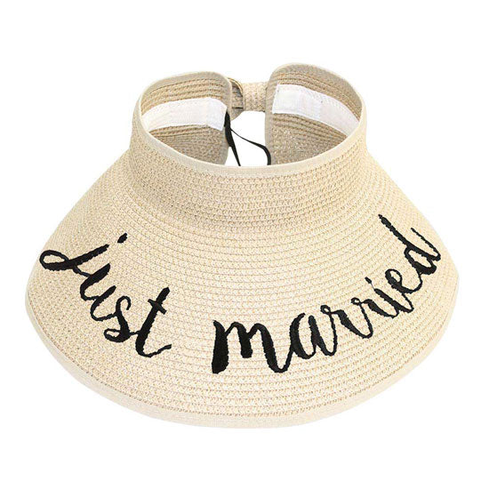 Beige Just Married Message Roll Up Foldable Visor Sun Hat, This visor hat with Just Married Message is Open top design offers great ventilation and heat dissipation. Features a roll-up function; incredibly convenient as it is foldable for easy storage or for taking on the go while traveling. Wonderful UV Protection Summer sun hat that is perfect for gardening, walking along the beach, hanging by the pool, or any other outdoor activities.