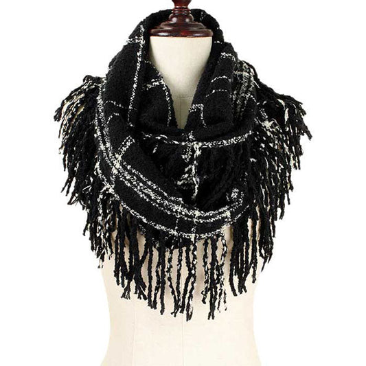 Black 2-Tone Plaid Infinity W/Fringe, on trend & fabulous, a luxe addition to any cold-weather ensemble. Great for daily wear in the cold winter to protect you against chill, classic infinity-style scarf & amps up the glamour with plush material that feels amazing snuggled up against your cheeks.