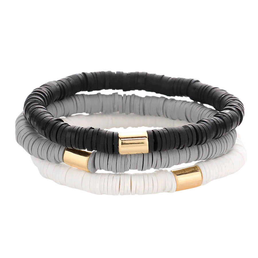 Black 3PCS Metal Cylinder Heishi Beaded Stretch Bracelets, Add this 3-piece beaded Stretch bracelet to light up any outfit and feel absolutely flawless. Fabulous fashion and sleek style add a pop of pretty color to your attire. Perfect gifts for weddings, Prom, birthdays, anniversaries, Valentine‚Äö√Ñ√¥s Day, or any occasion.