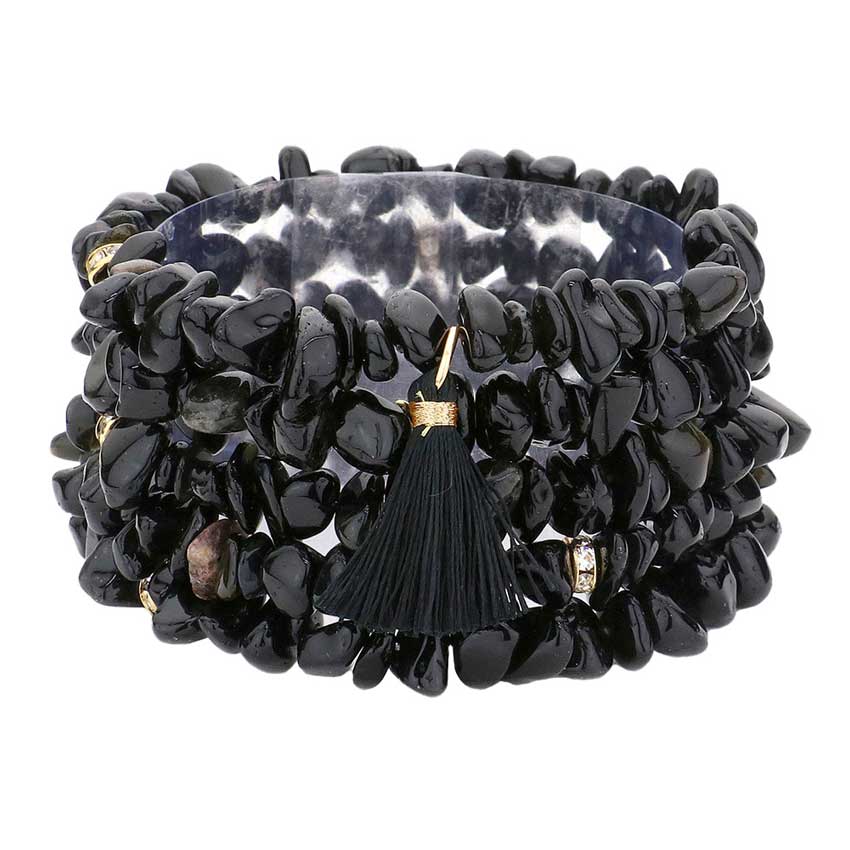 Black 5PCS Natural Stone Tassel Multi Layered Bracelets, Add this 5 piece multi layered bracelet with tassel to light up any outfit, feel absolutely flawless. perfectly lightweight for all-day wear, coordinate with any ensemble from business casual to everyday wear, the perfect addition to every outfit. Adds a touch of nature-inspired beauty to your look. 
